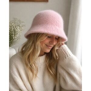 Pink Angora Fuzzy Bucket Hat Soft Knit Cloche Y2K Coquette
